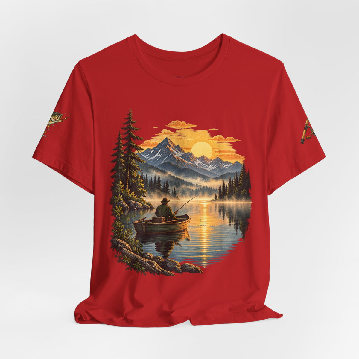 Sunset Lake Fishing T-Shirt — Mountain Boat Fishing Graphic Tee