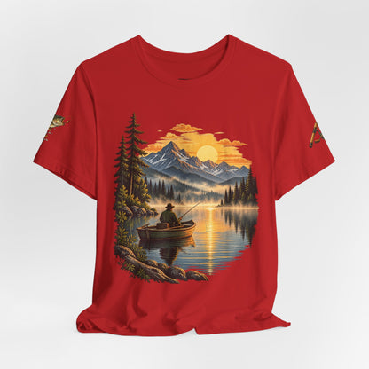 Sunset Lake Fishing T-Shirt — Mountain Boat Fishing Graphic Tee