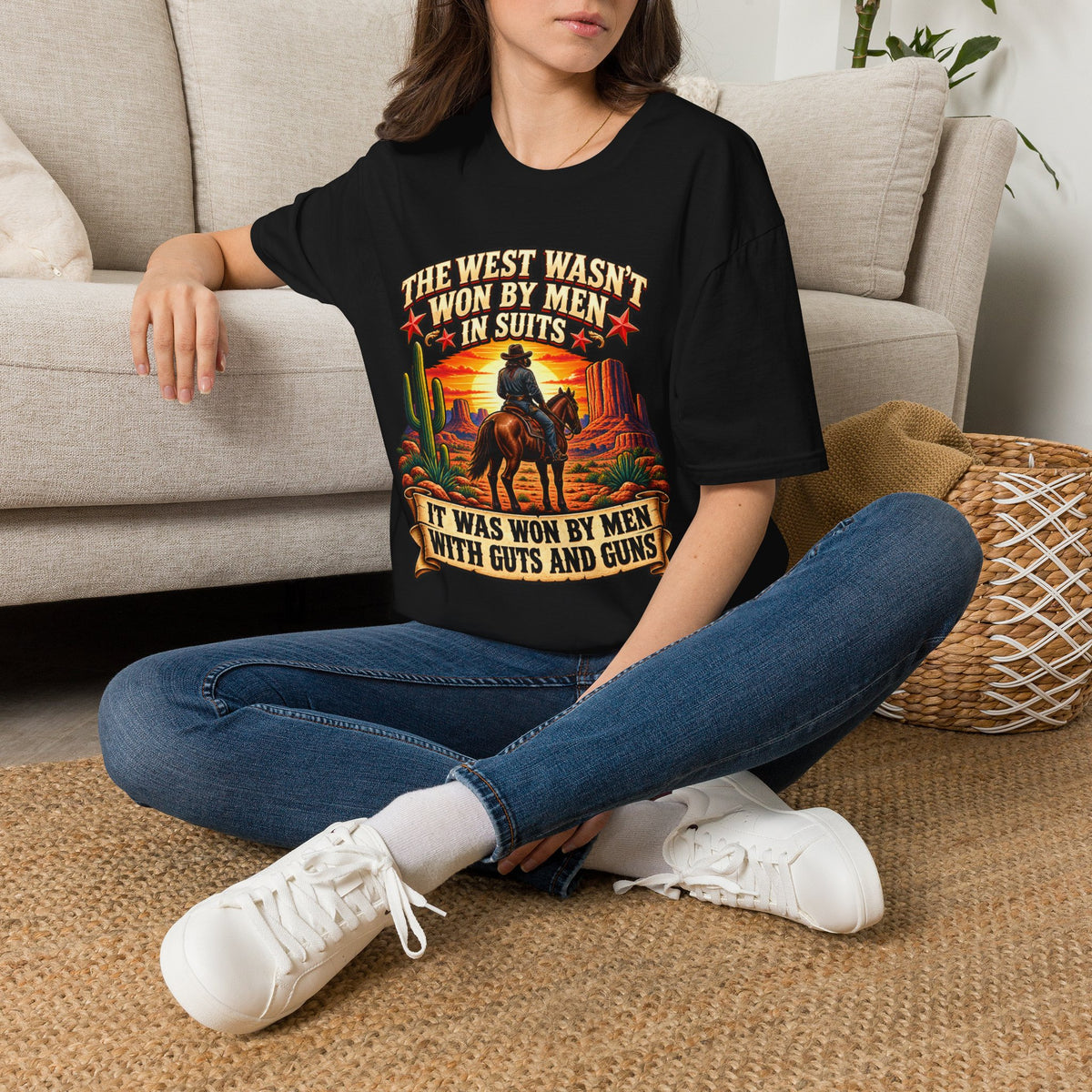Western Graphic T-Shirt — “The West Wasn’t Won by Men in Suits” Cowboy Sunset Tee