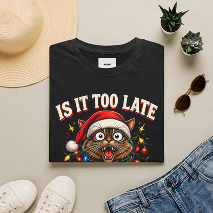 T-Shirt — “Is It Too Late to Be Good?” Christmas Cat Graphic Tee