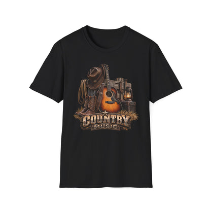 Country Music Guitar T-Shirt — Rustic Cowboy Hat & Lantern Graphic