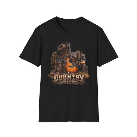Country Music Guitar T-Shirt — Rustic Cowboy Hat & Lantern Graphic