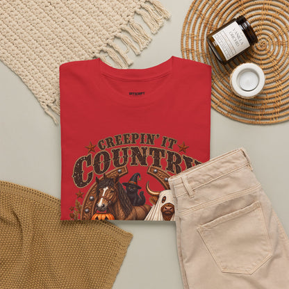 Country Halloween Tee — "Keepin' It Country Boo Y'all" Farm Animal Pumpkin T-Shirt