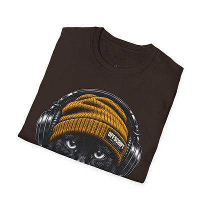Cat Headphones T-Shirt — Cool Black Cat with Beanie & Headphones Graphic