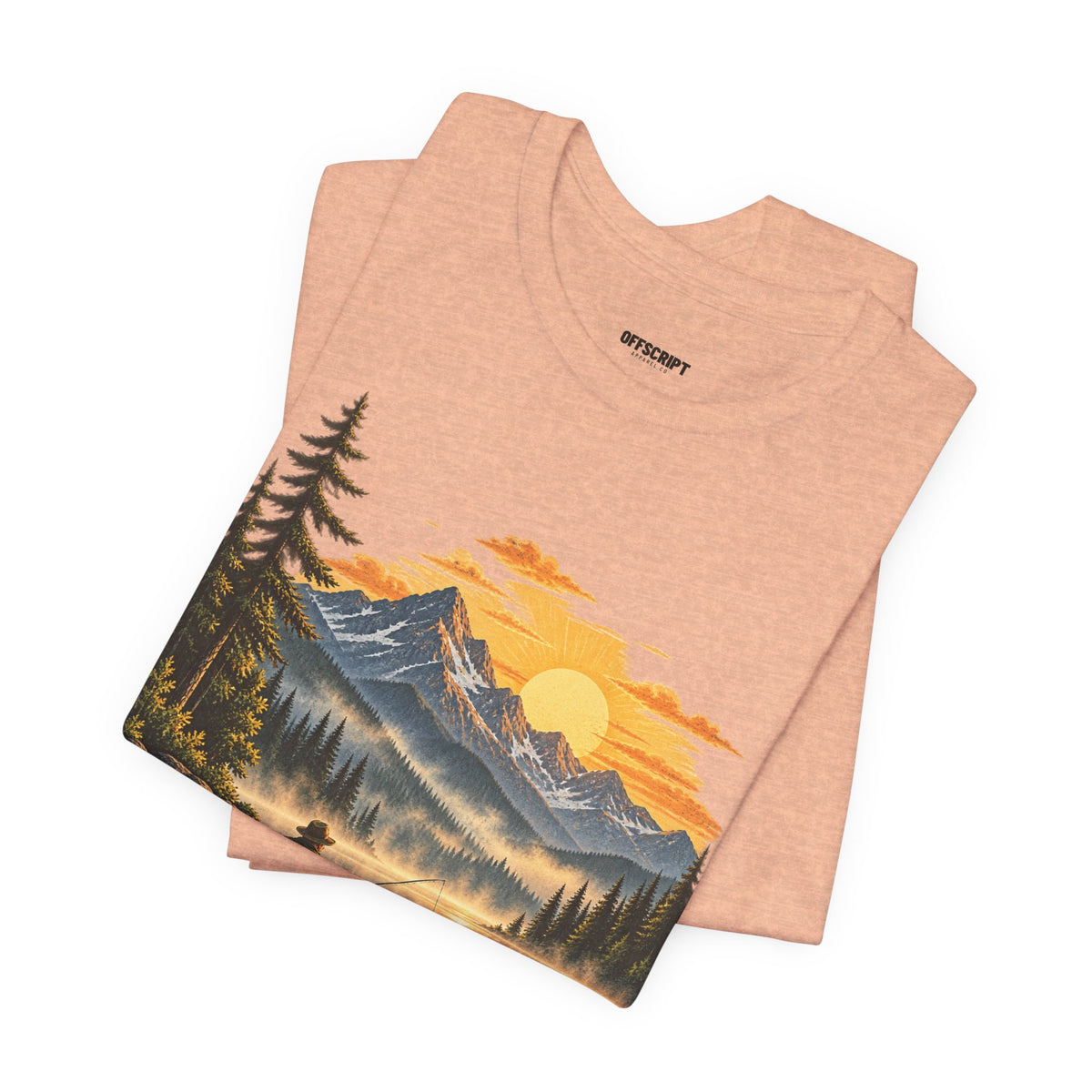 Sunset Lake Fishing T-Shirt — Mountain Boat Fishing Graphic Tee
