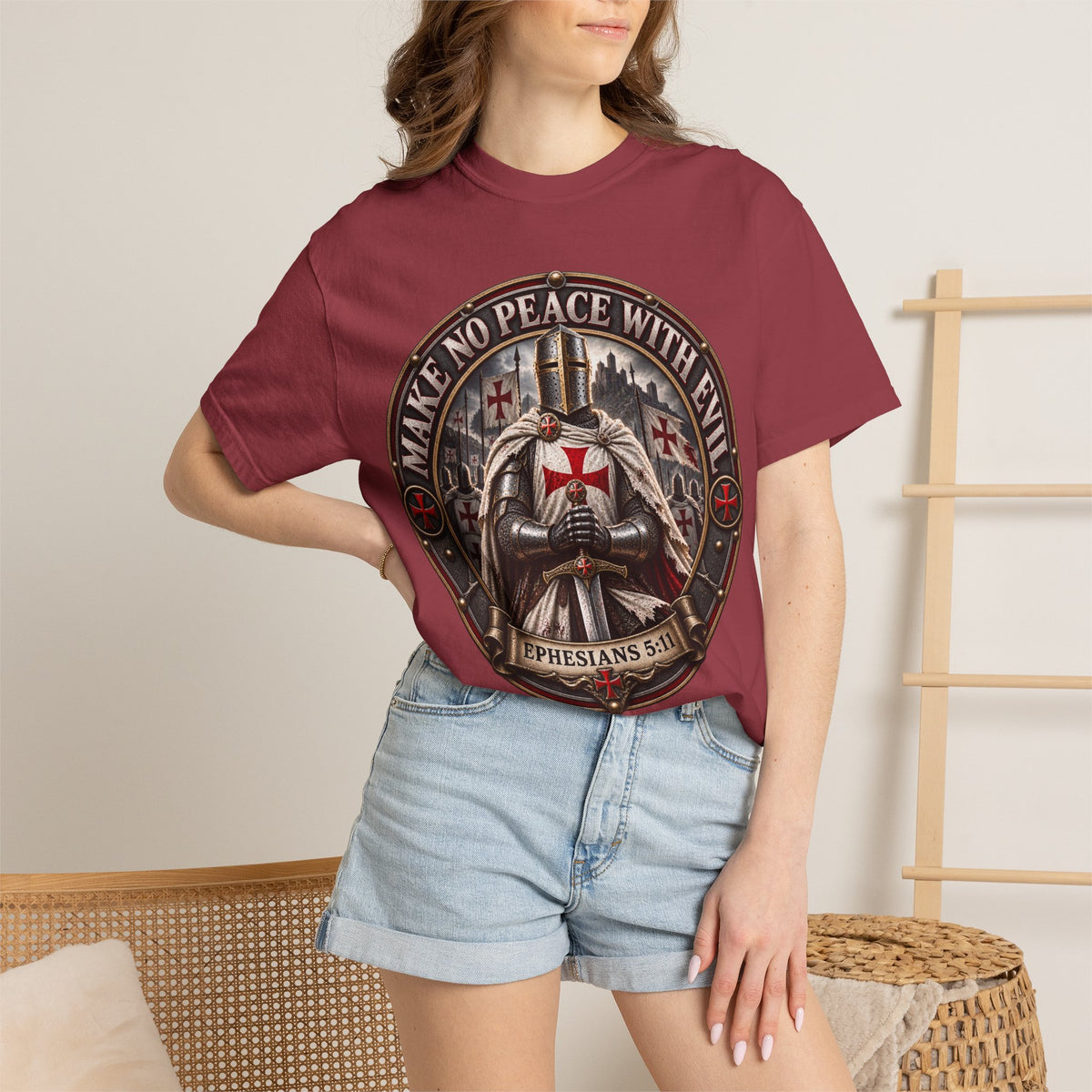 Make No Peace With Evil T-shirt | Crusader Helmet Ephesians 5:11