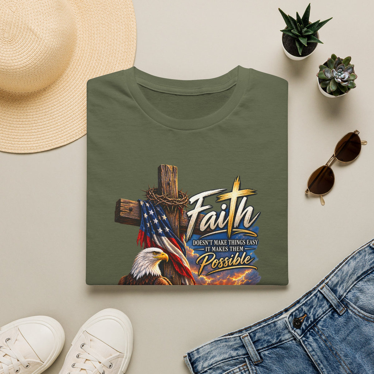 Faith Eagle T-Shirt — 'Faith Makes The Impossible Possible' Patriotic Cross Design