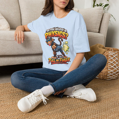 Physics Joke T-Shirt — "Do You Believe in Physics?" Monkey Pull My Finger Graphic Tee