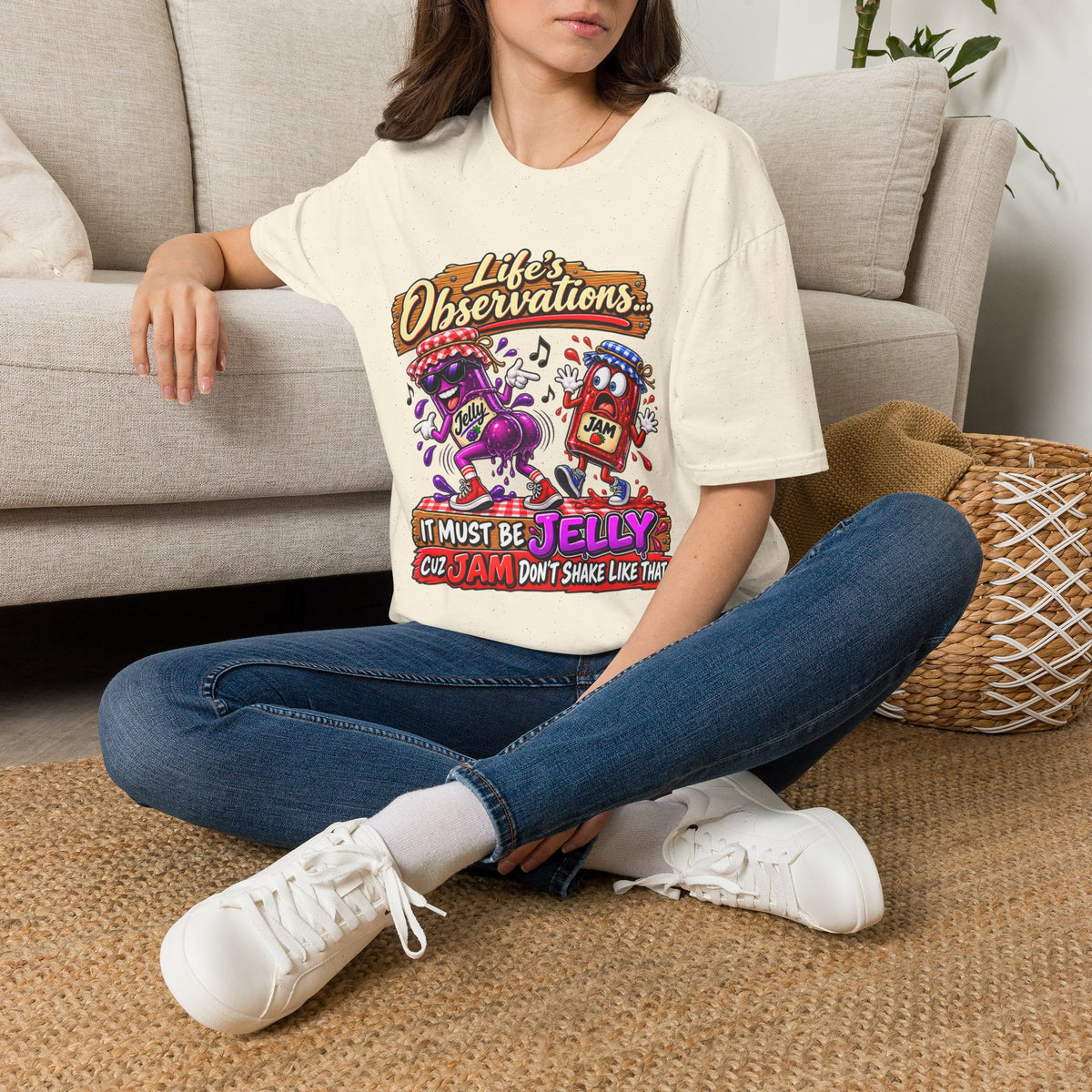 T-Shirt — "Life's Observations: I Must Be Jelly 'Cause Jam Don't Shake Like That" Retro Jar Cartoon Tee