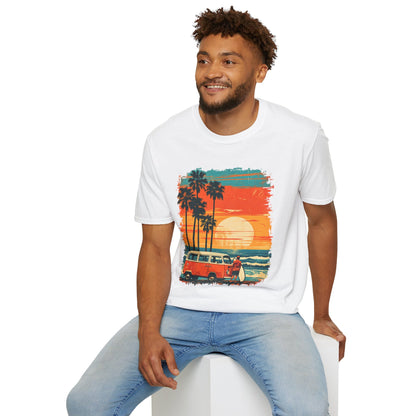 Retro Sunset Van T-Shirt – Tropical Beach Road Trip Graphic