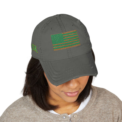 Embroidered Distressed Dad Hat — Green & Gold Flag Patch