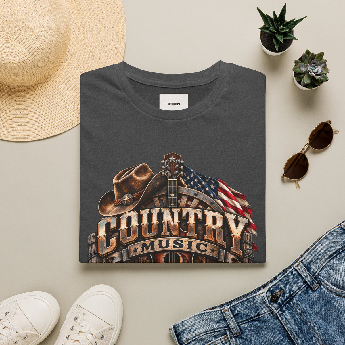 Country Music Graphic T‑Shirt — Western Guitar & Flag Design