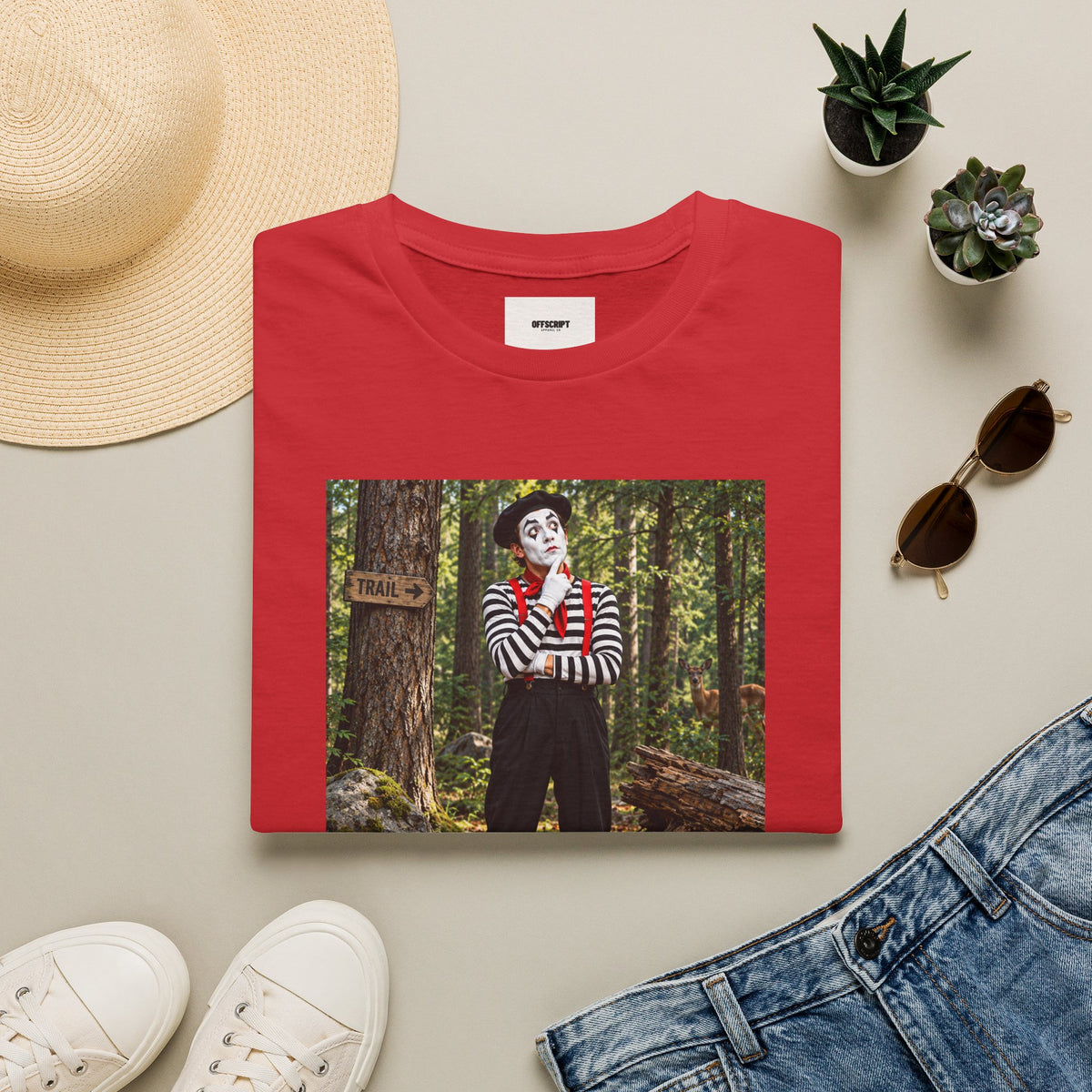 Mime in the Woods T-Shirt — “If a mime falls in the woods…” Casual Graphic Tee