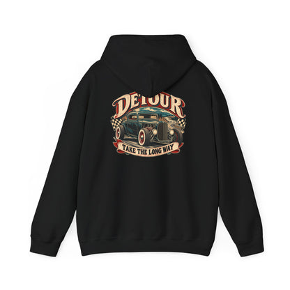 Detour Vintage Hot Rod Hoodie — "Take The Long Way" Classic Car Sweatshirt