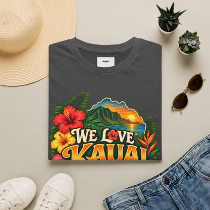 We Love Kauai T-Shirt — Hawaiian Island Sunset Floral Tee