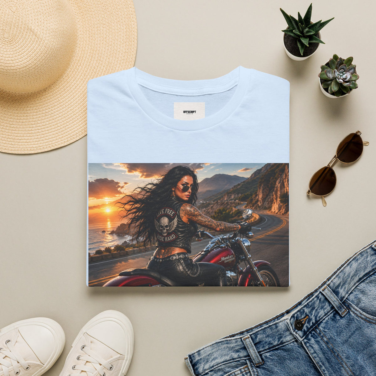 Biker Girl Sunset T-Shirt — Motorcycle Rider Graphic Tee