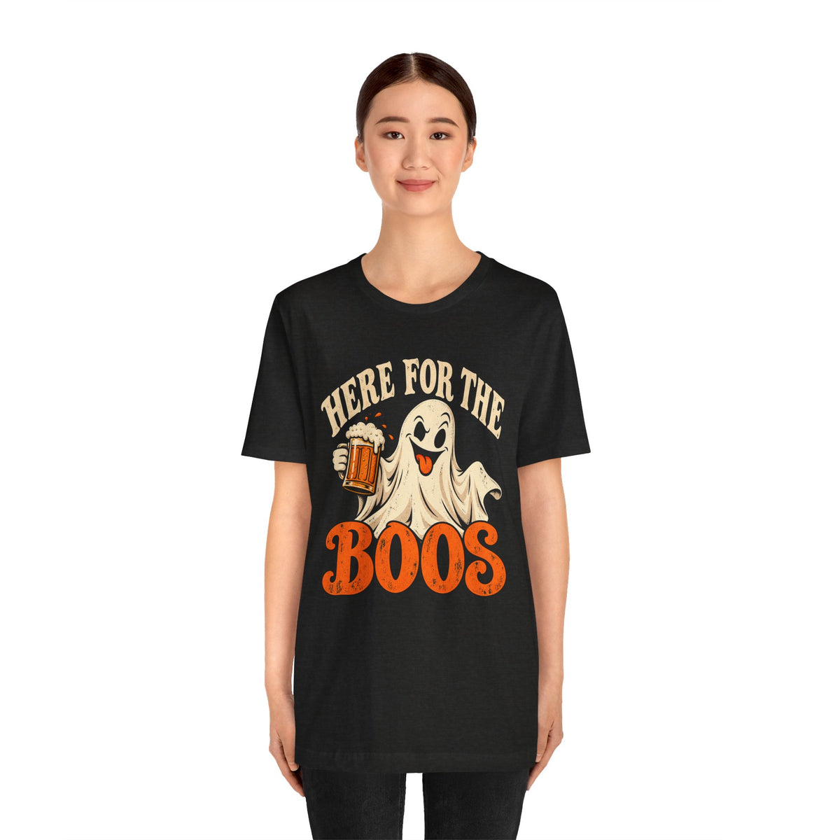 Here for the Boos Halloween T-Shirt — Ghost Drinking Beer Graphic Tee