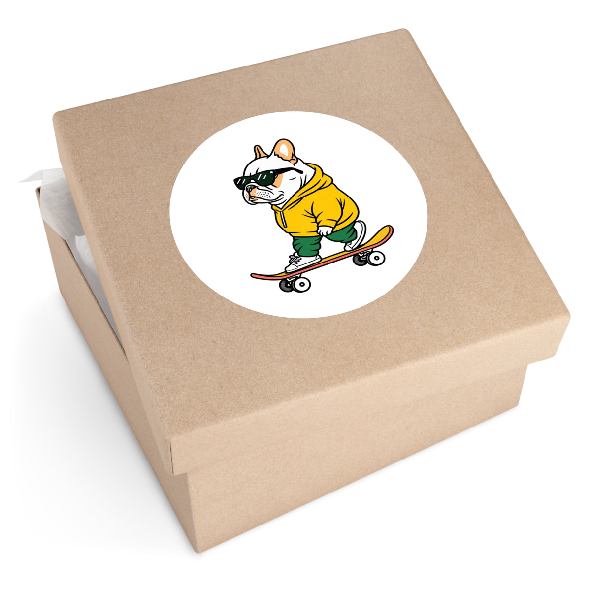 Skater Bulldog Round Sticker — Cool Frenchie on Skateboard, Indoor/Outdoor Decal