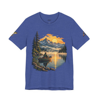 Sunset Lake Fishing T-Shirt — Mountain Boat Fishing Graphic Tee