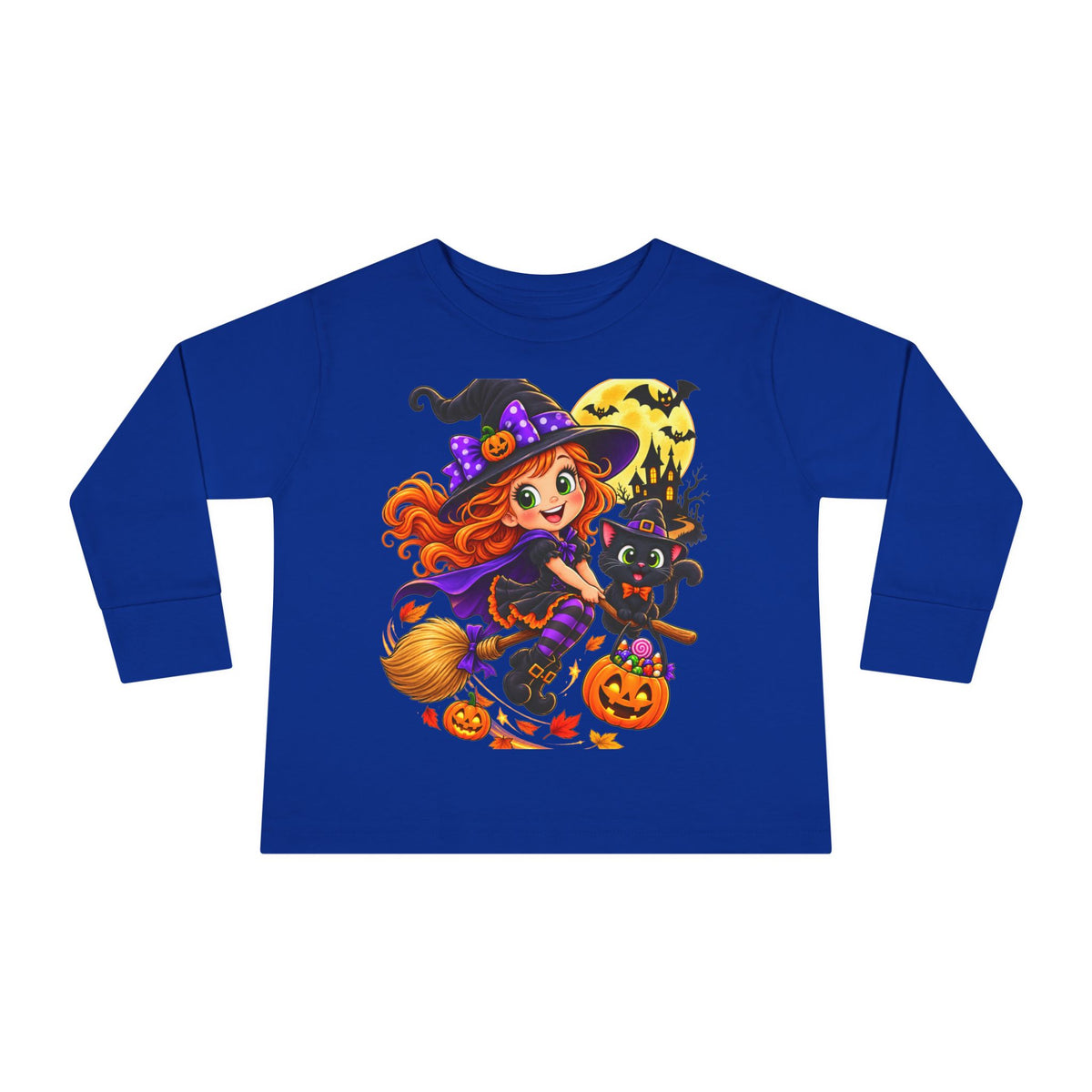 Toddler Halloween Witch Long Sleeve Tee — Cute Witch & Black Cat Pumpkin Design