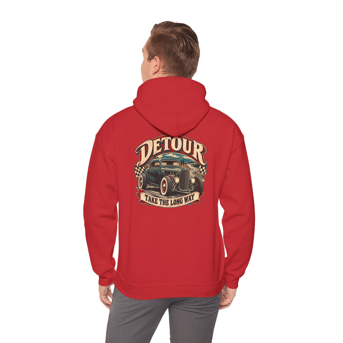 Detour Vintage Hot Rod Hoodie — "Take The Long Way" Classic Car Sweatshirt