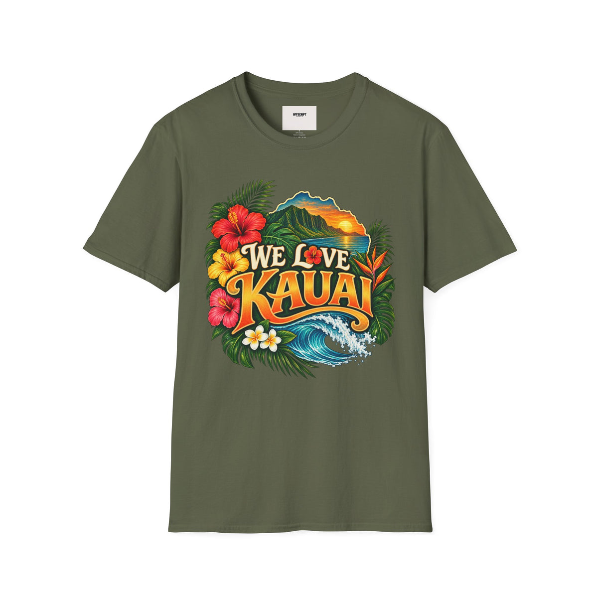 We Love Kauai T-Shirt — Hawaiian Island Sunset Floral Tee