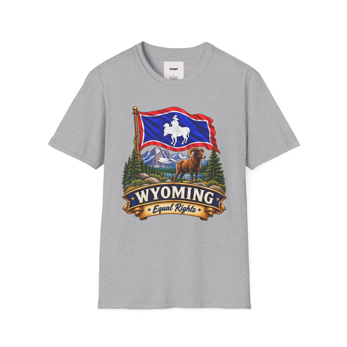 Wyoming Flag T-Shirt — Cowboy & Bison Mountain Scenic Tee