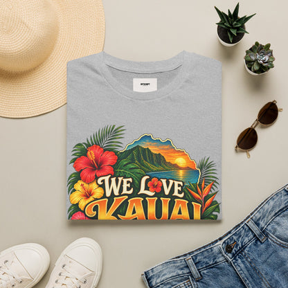 We Love Kauai T-Shirt — Hawaiian Island Sunset Floral Tee