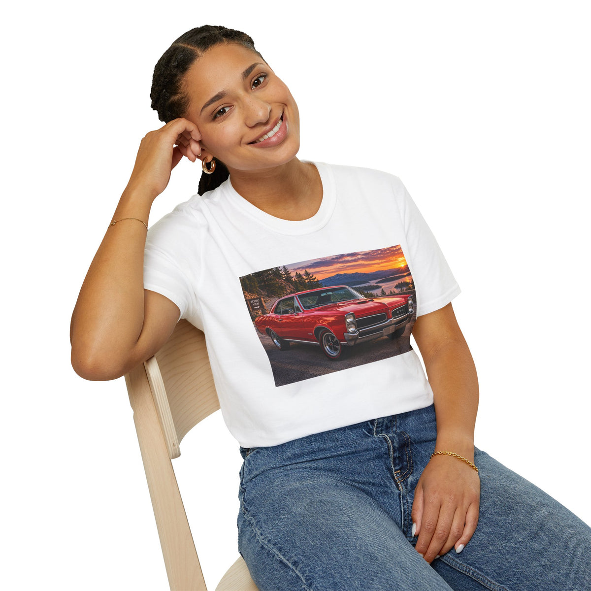 Classic Red Muscle Car T-Shirt — Vintage Pontiac Sunset Driving Tee