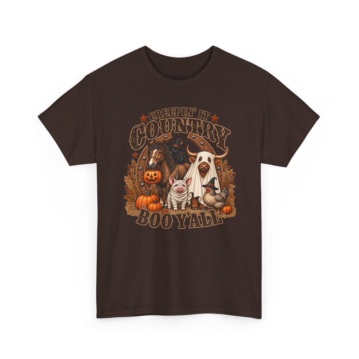 Country Halloween Tee — "Keepin' It Country Boo Y'all" Farm Animal Pumpkin T-Shirt