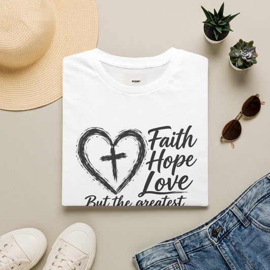 Faith Hope Love T‑Shirt — Heart & Cross Scripture Design (1 Corinthians 13:13)