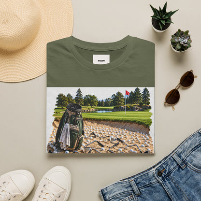 Golf Bunker Scene T-Shirt — "How Many People Live & Work In Dunes" Graphic Tee