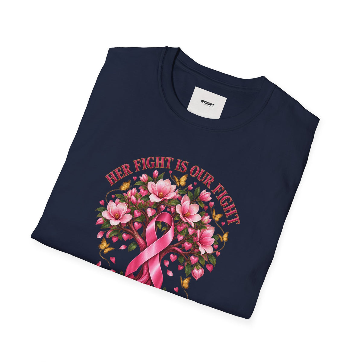 Breast Cancer Awareness T-Shirt – “Her Fight Is Our Fight” Pink Ribbon Floral Tee