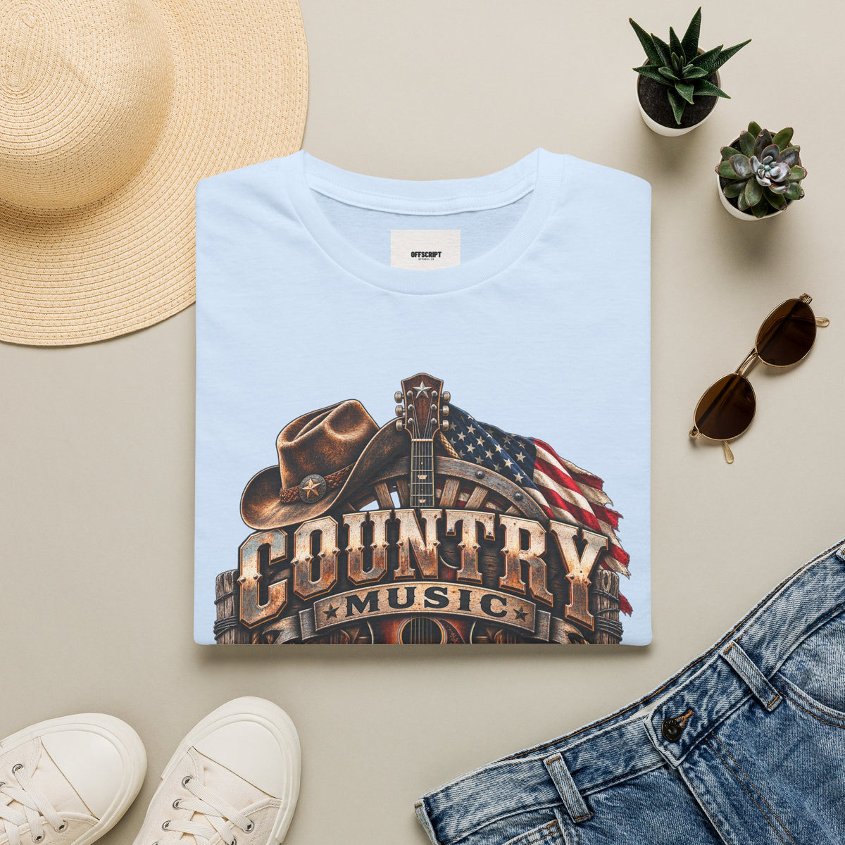Country Music Graphic T‑Shirt — Western Guitar & Flag Design