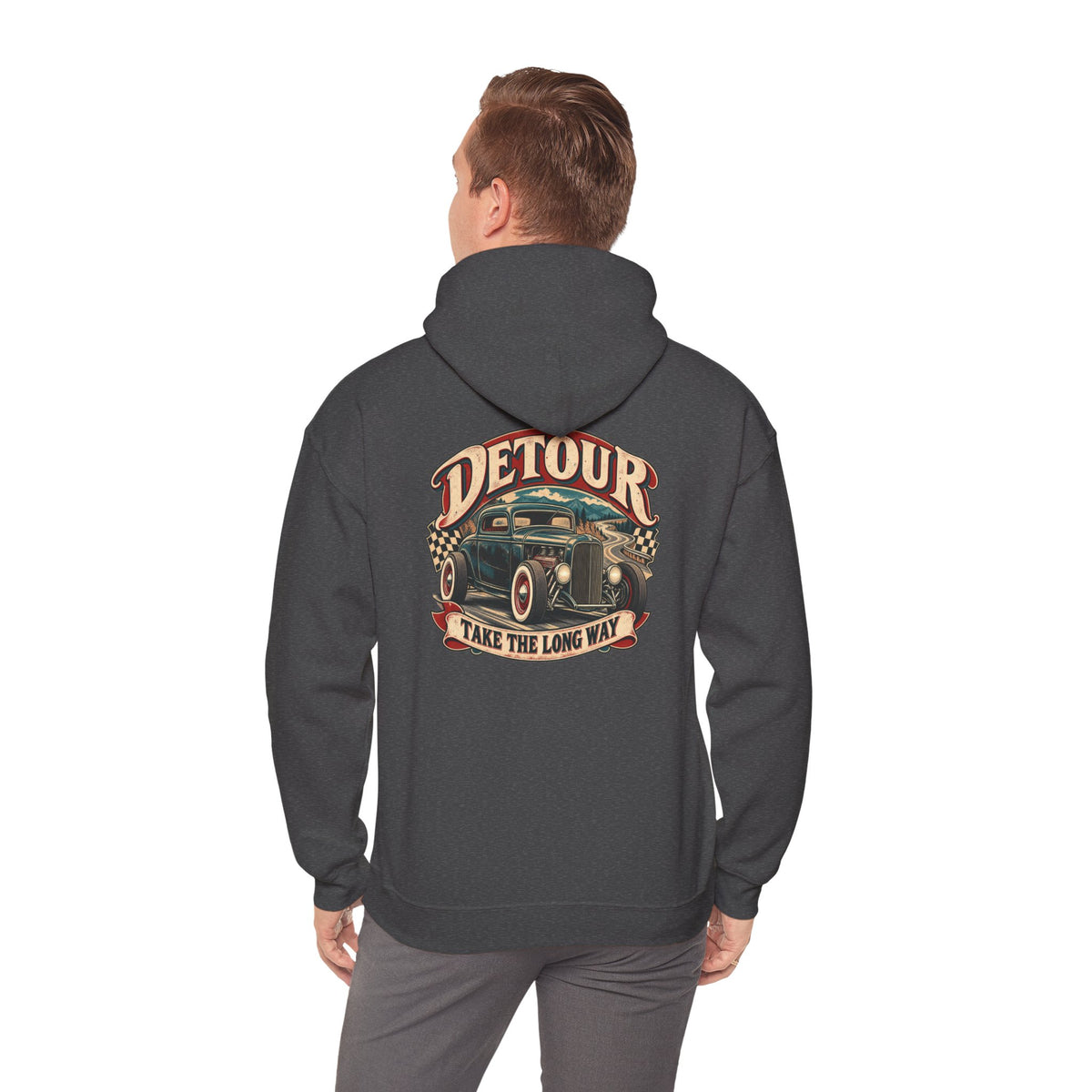 Detour Vintage Hot Rod Hoodie — "Take The Long Way" Classic Car Sweatshirt