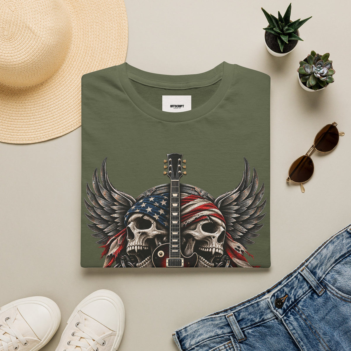 American Skull Guitar T-Shirt — Patriotic Rock Music Tee