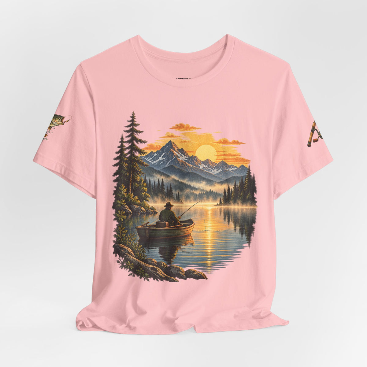 Sunset Lake Fishing T-Shirt — Mountain Boat Fishing Graphic Tee