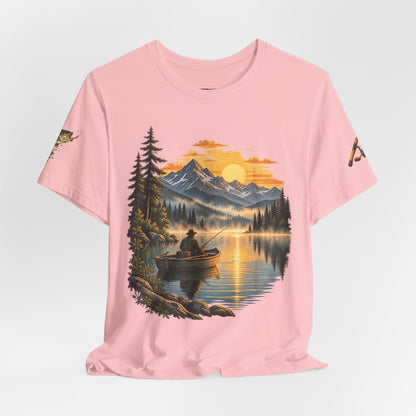 Sunset Lake Fishing T-Shirt — Mountain Boat Fishing Graphic Tee
