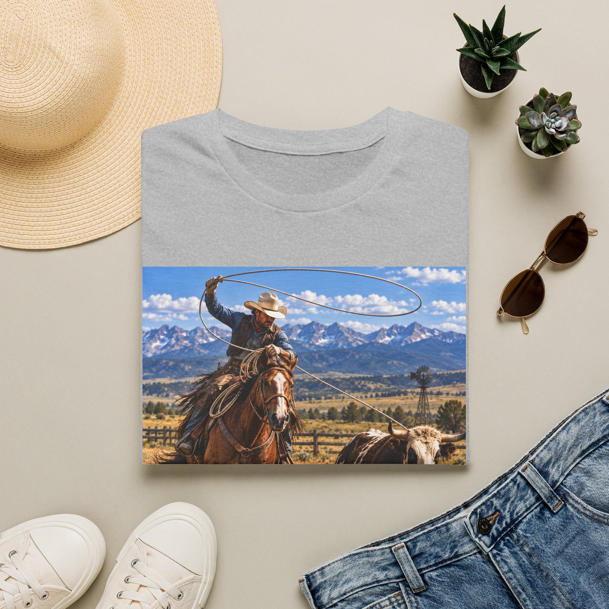 Cowboy Roping Photo T-Shirt — Western Ranch Scenic Tee