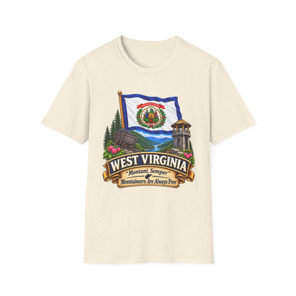 West Virginia Flag T-Shirt — State Pride Scenic Design ("Mountaineers Are Always Free")