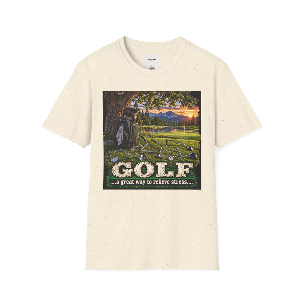 Golf Relaxation T-Shirt — "GOLF: a great way to relieve stress" Scenic Sunset Design