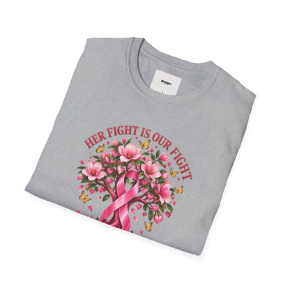 Breast Cancer Awareness T-Shirt – “Her Fight Is Our Fight” Pink Ribbon Floral Tee