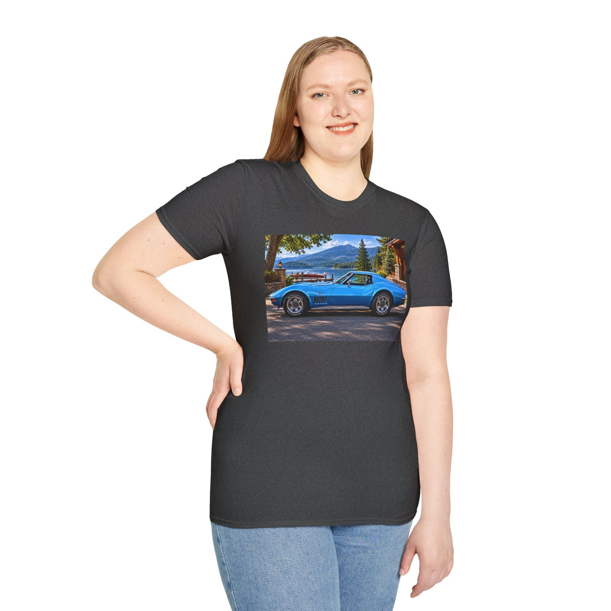 1968 Chevrolet Corvette Stingray Graphic T‑Shirt — Blue Classic Car Lakefront Print