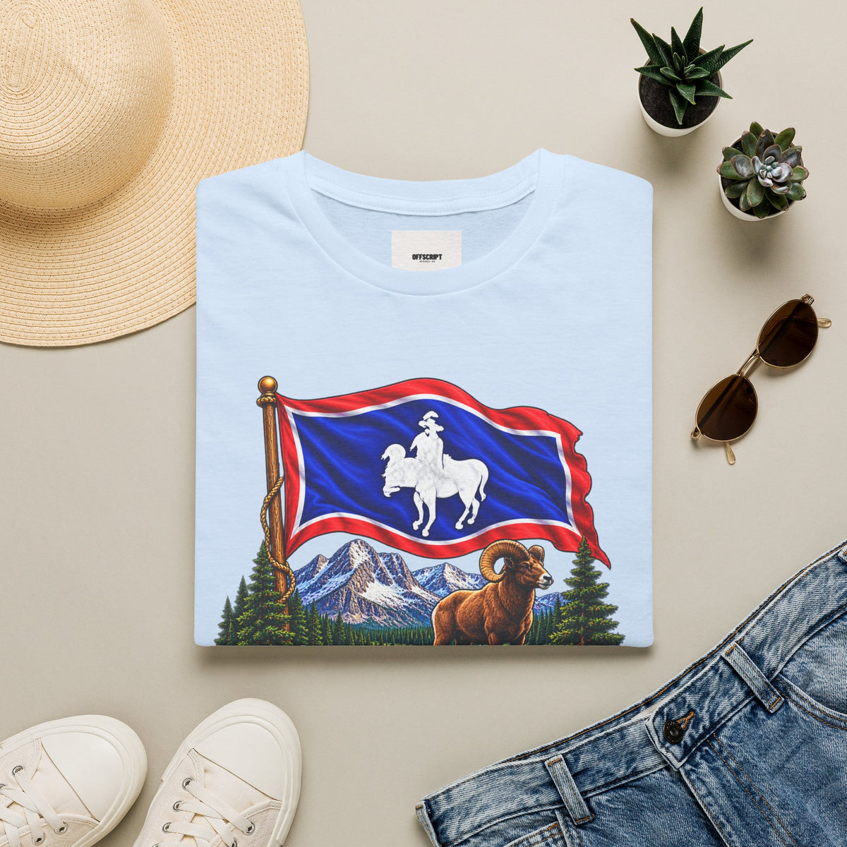 Wyoming Flag T-Shirt — Cowboy & Bison Mountain Scenic Tee