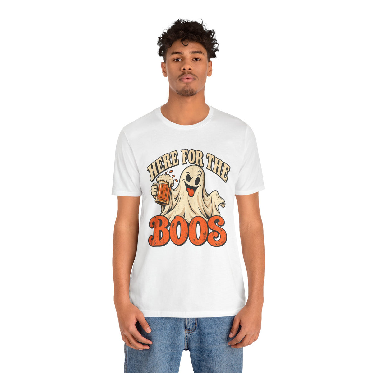 Here for the Boos Halloween T-Shirt — Ghost Drinking Beer Graphic Tee