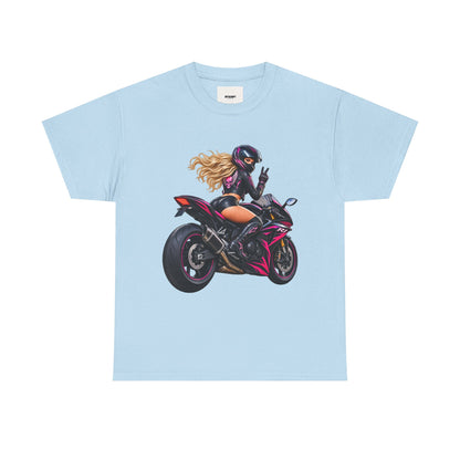 Motorcycle Girl Tee — Feminine Sportbike Rider Graphic Shirt