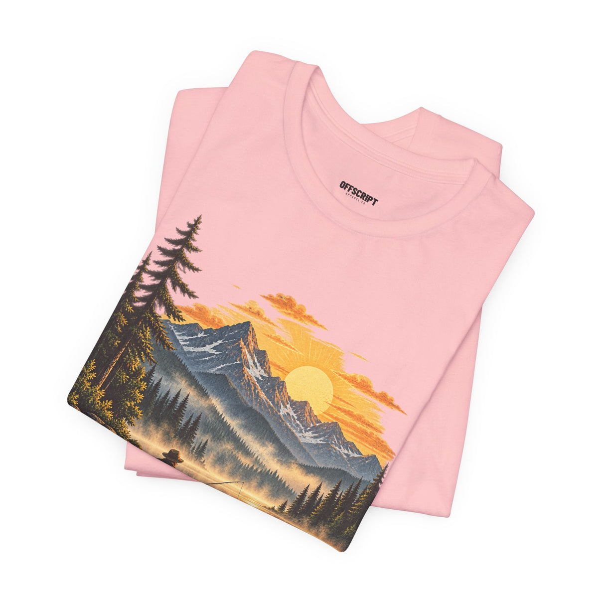 Sunset Lake Fishing T-Shirt — Mountain Boat Fishing Graphic Tee
