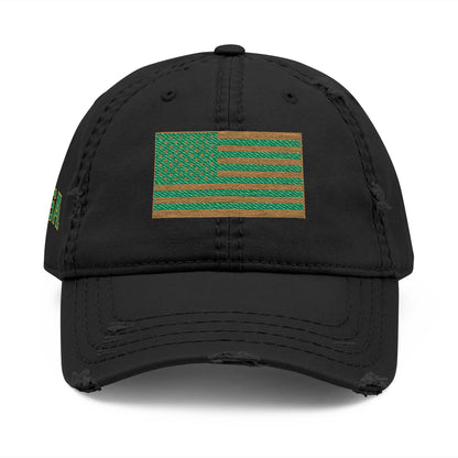 Embroidered Distressed Dad Hat — Green & Gold Flag Patch