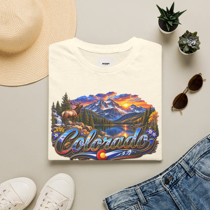 Colorado Scenic T‑Shirt — Mountain Sunset Landscape with Elk and State Script