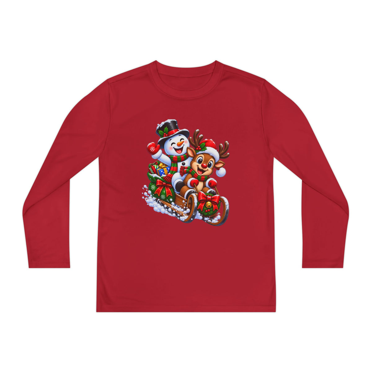 Kids' Christmas Sledding Tee — Snowman & Reindeer Holiday Long Sleeve